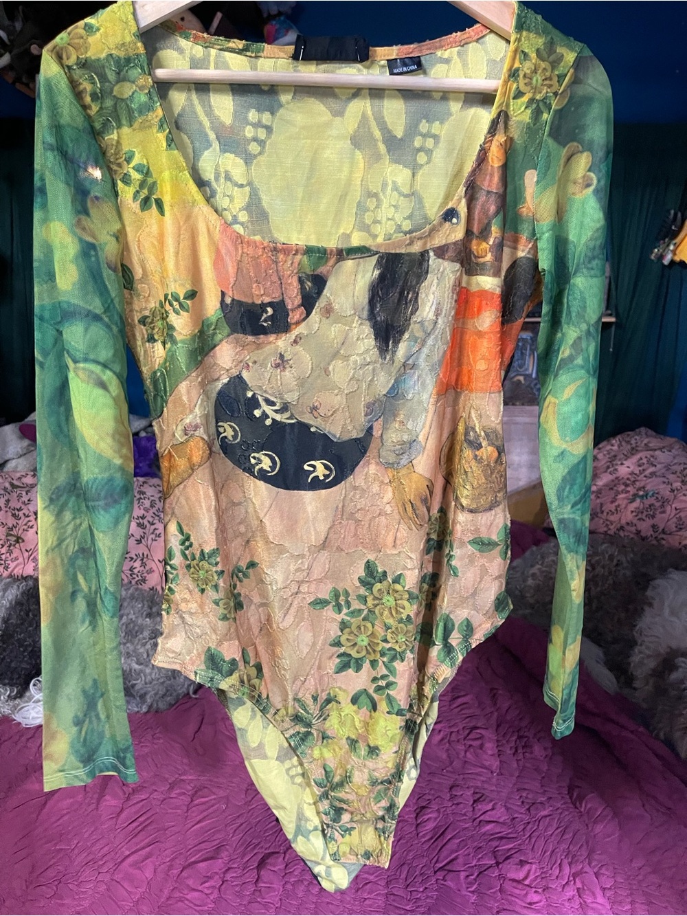Desigual Green Yellow Floral Sheer Long-Sleeve Bodysuit